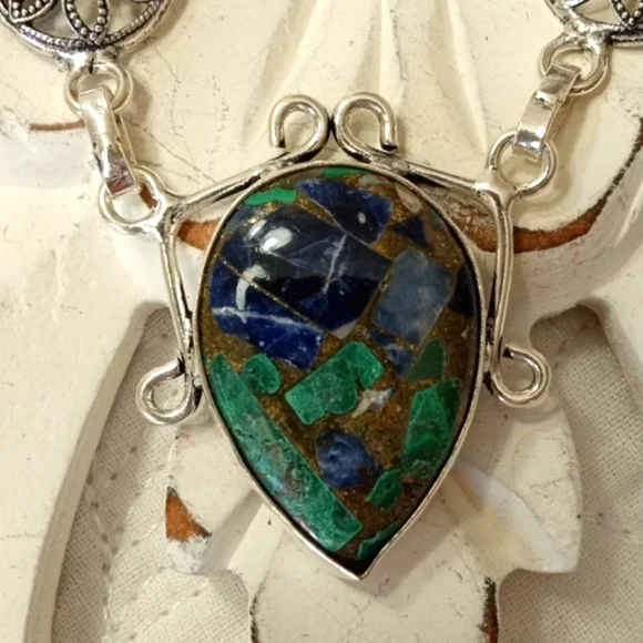 STERLING SILVER COPPER LAPIS LAZULI, TOURMALINE GEMSTONE NECKLACE - Picture 2 of 4